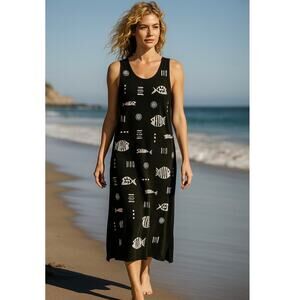 M MAC Vintage Art Animal Fish Maxi Dress Medium Vermont Coastal Nautical Cotton